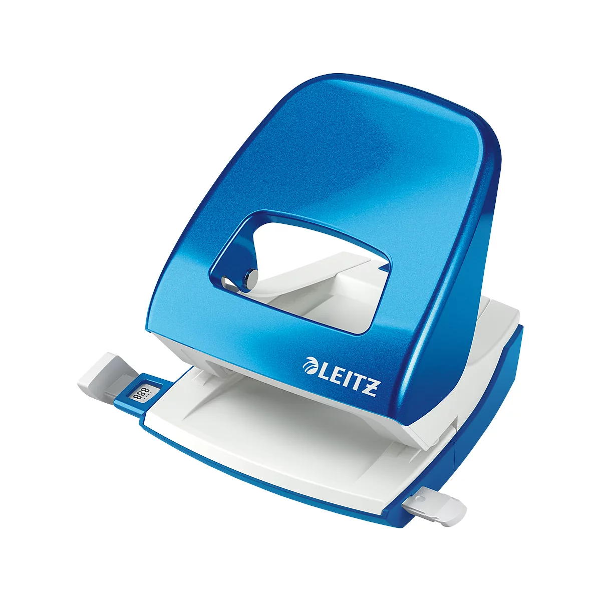 Blue Leitz hole punch. The hole punch has a white base.