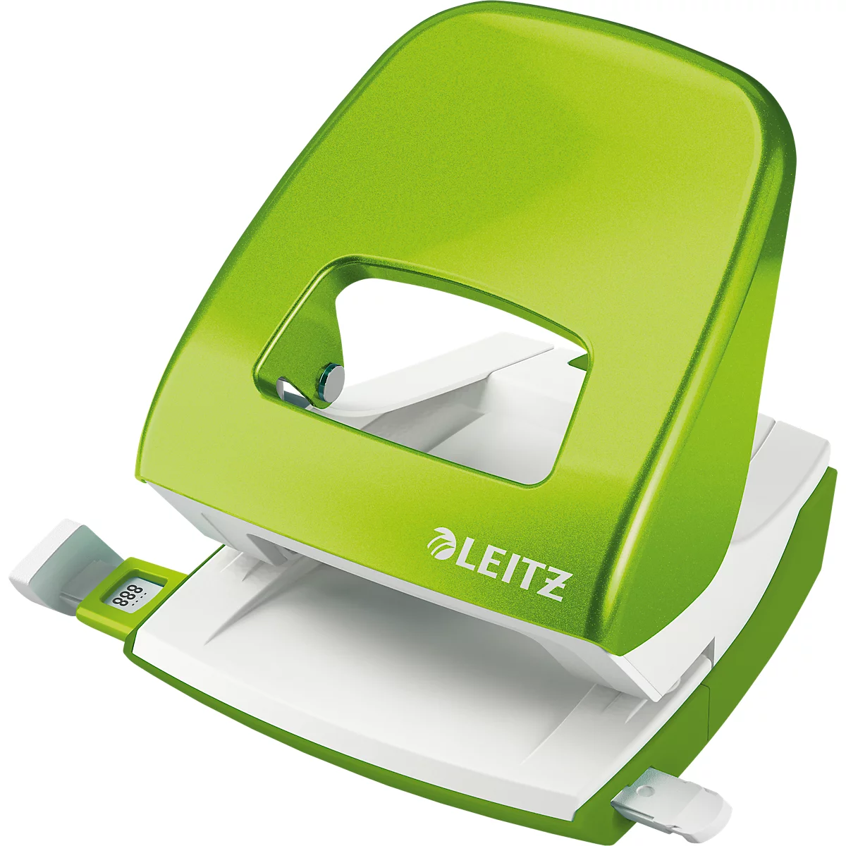 A green hole puncher against a white background. The hole puncher has the brand name Leitz.