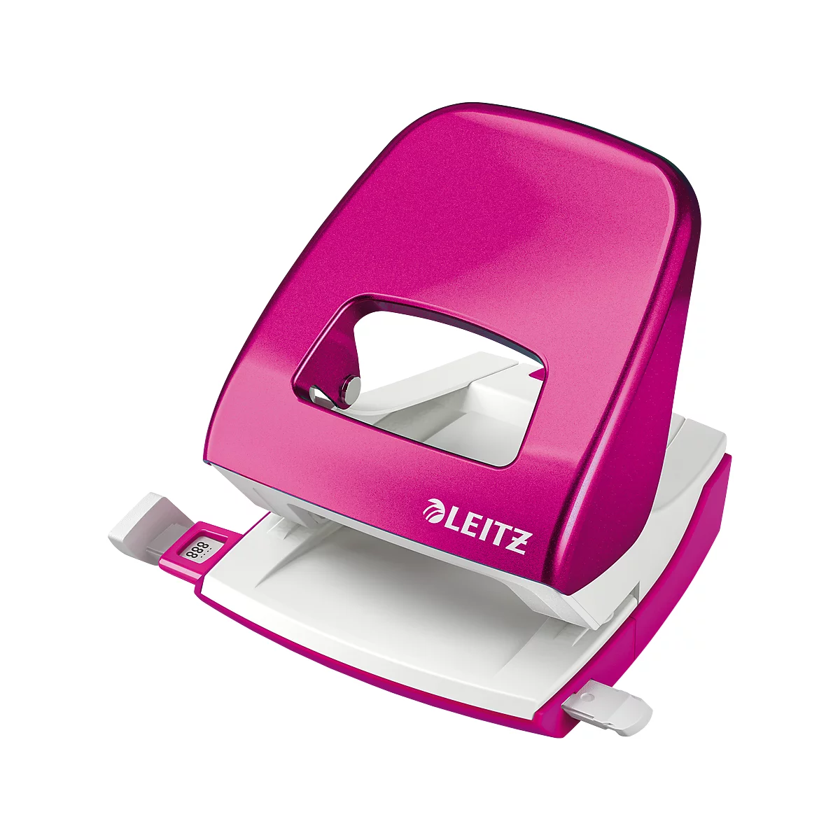 A pink hole punch from the Leitz brand. The hole punch is made of shiny plastic and has a white base.