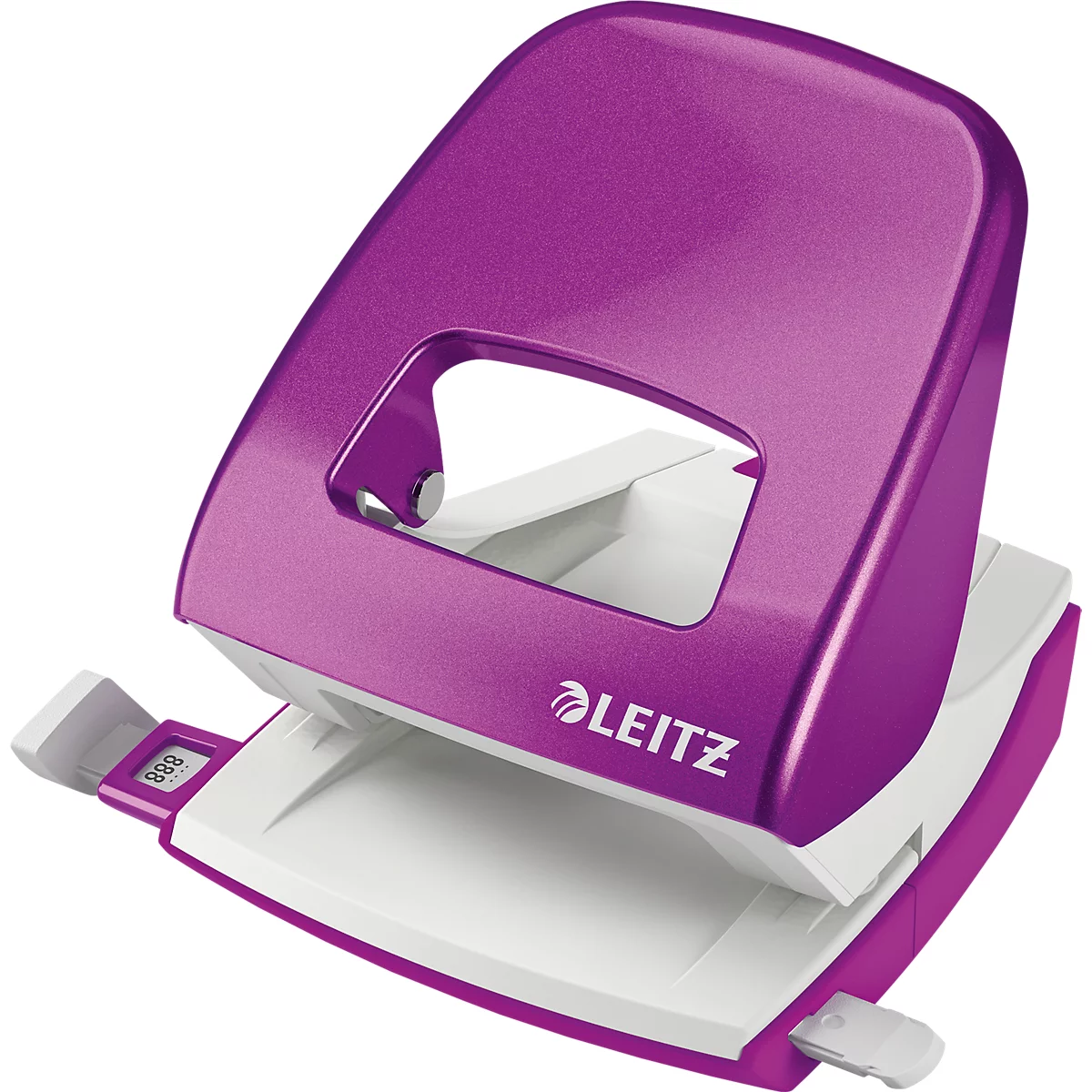 A purple hole punch with a white base, featuring the "Leitz" logo.