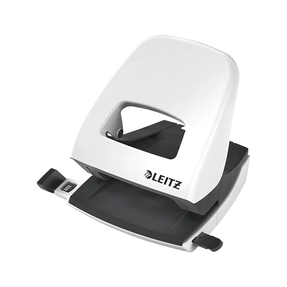 White hole punch with black base and Leitz logo. The product is slightly tilted.