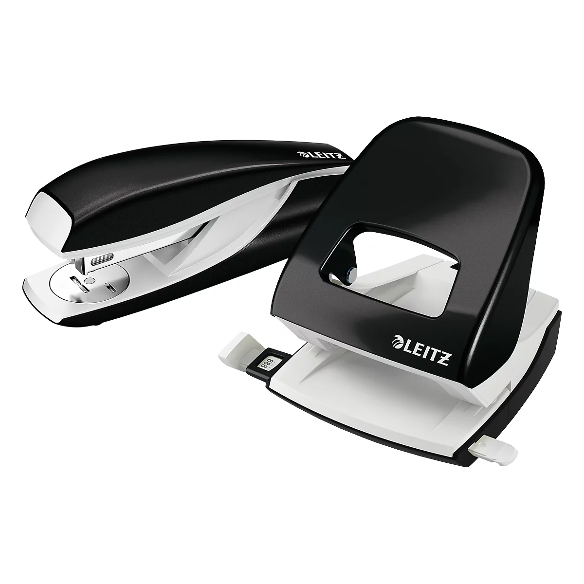 Black stapler and hole punch, Leitz brand. Both have white accents and are on a white background.