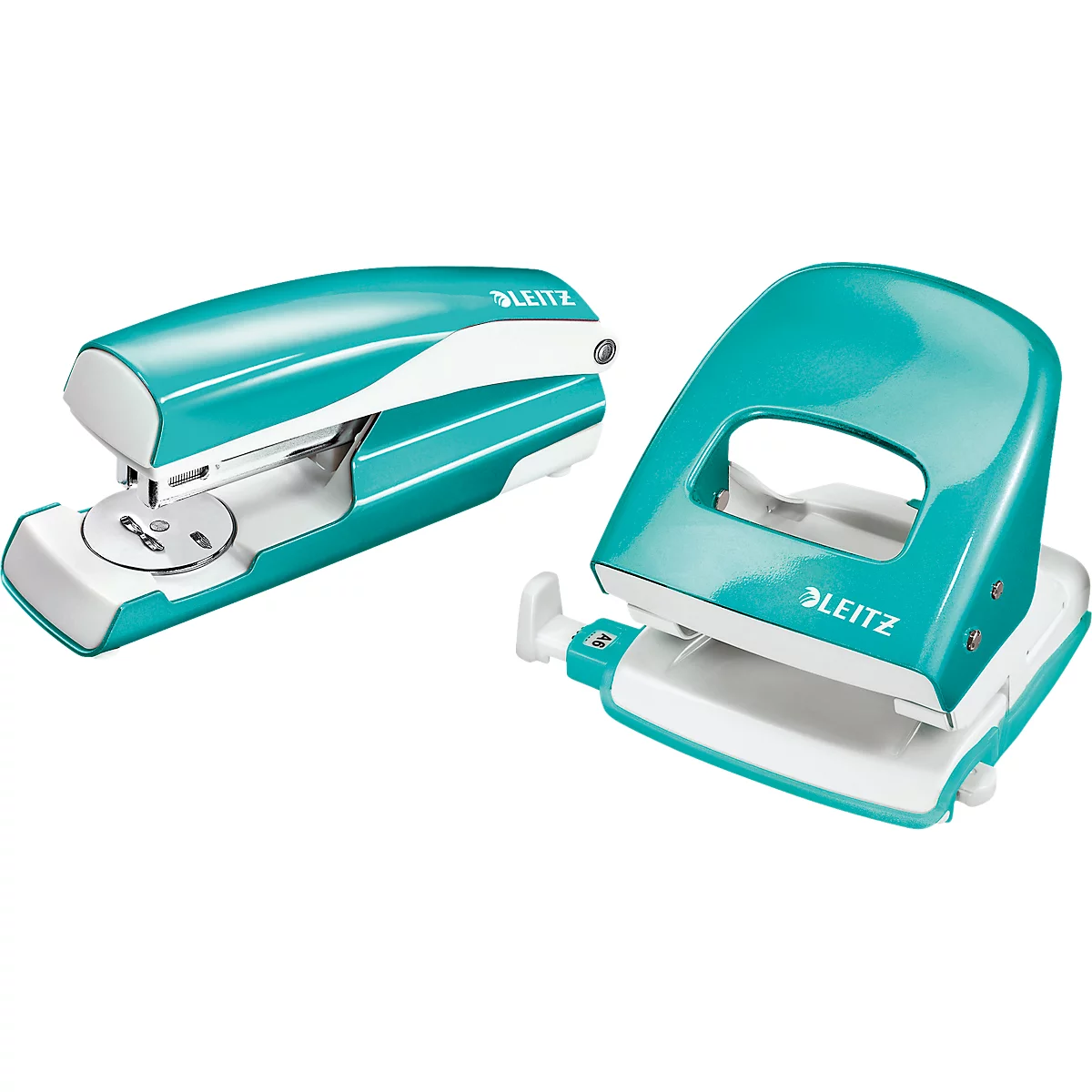 LEITZ® office punch + desktop stapler Wow SET, metallic ice blue