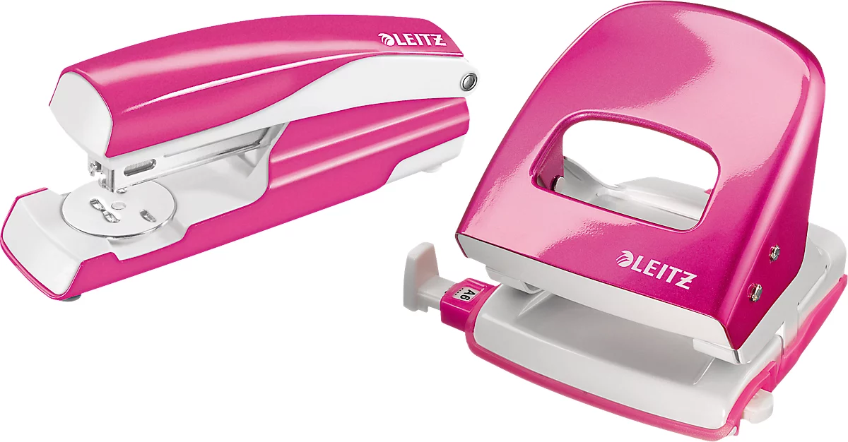 LEITZ® office punch + desktop stapler Wow SET, metallic pink