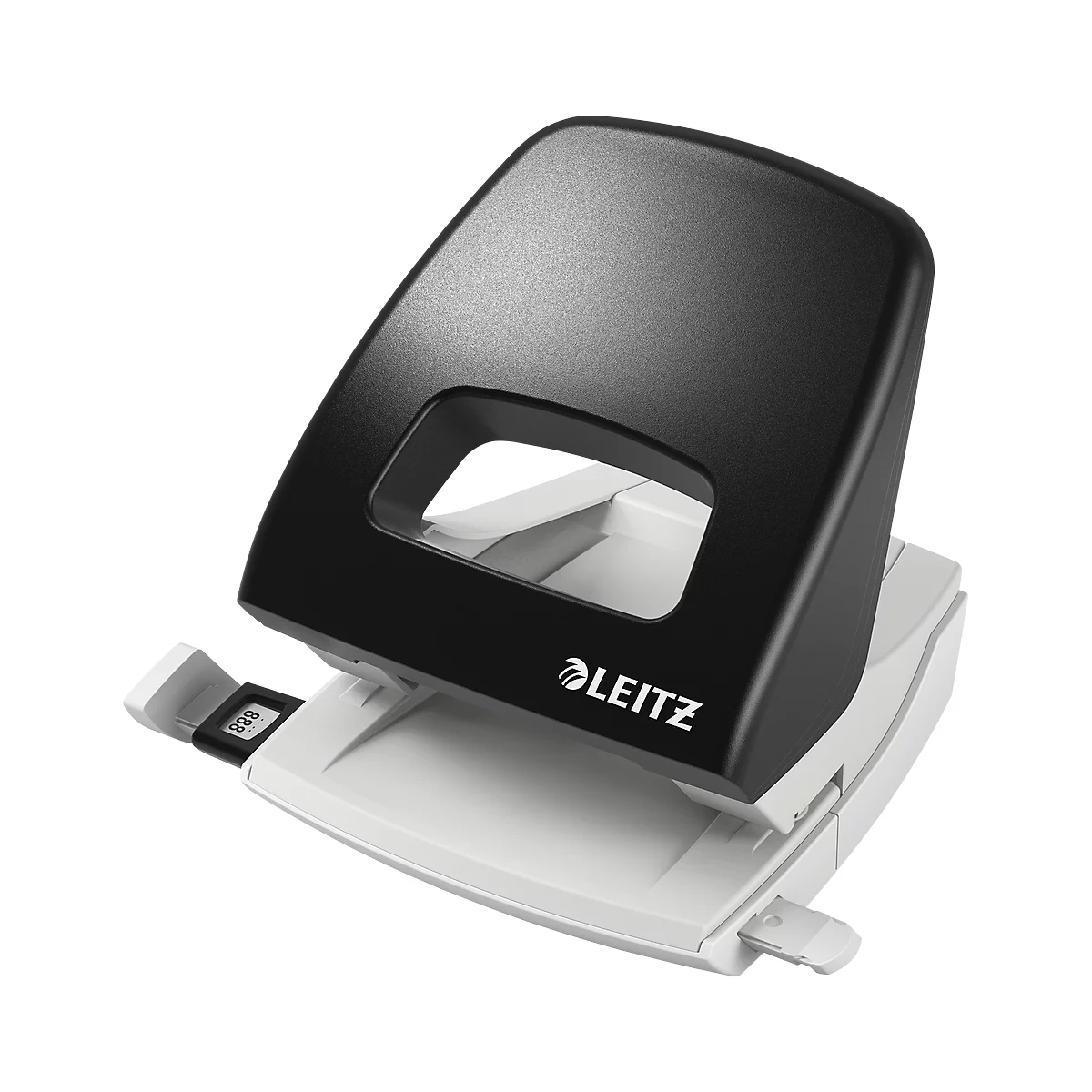 Black LEITZ hole punch. Black housing, white base.