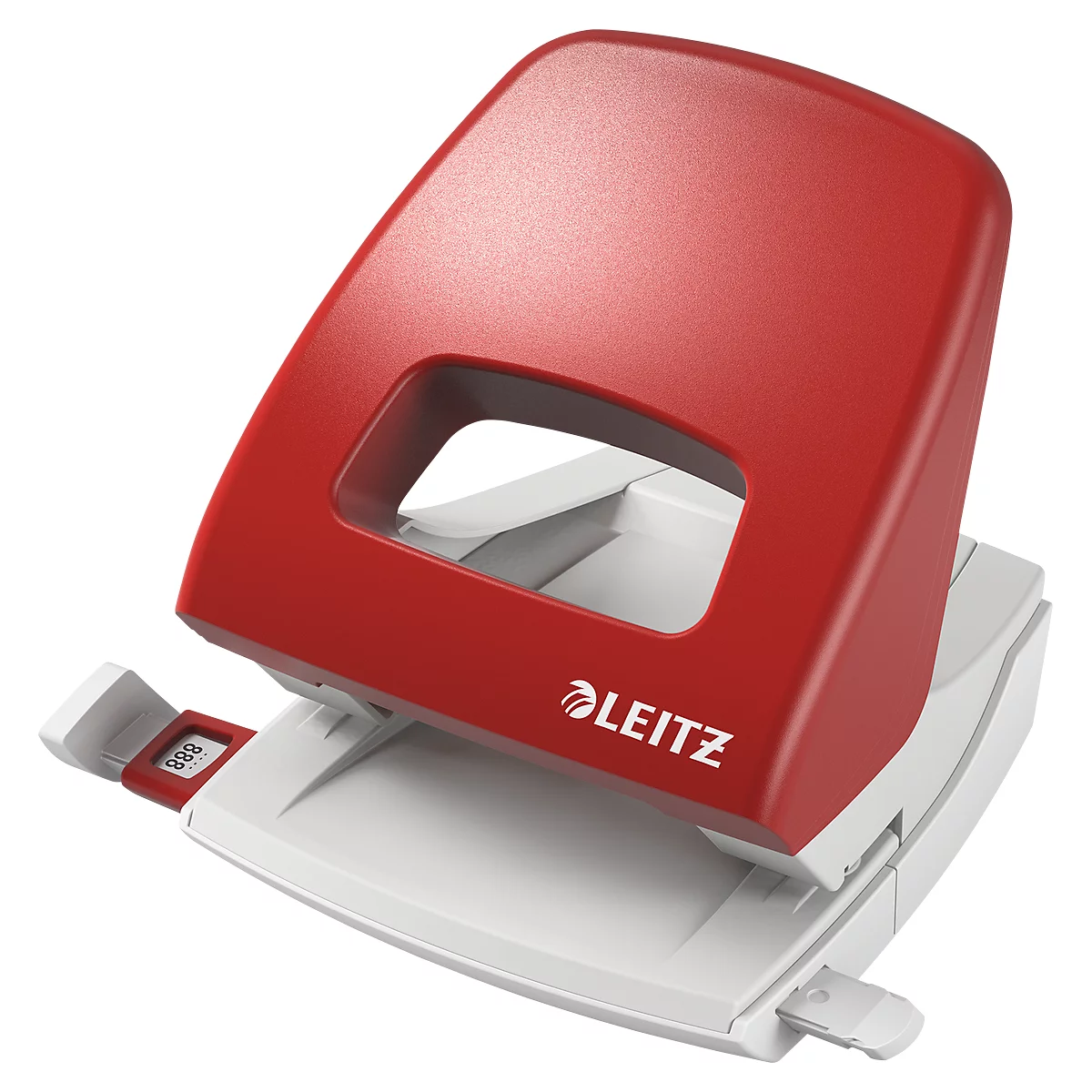 Red and white hole punch of the Leitz brand, photographed in perspective.