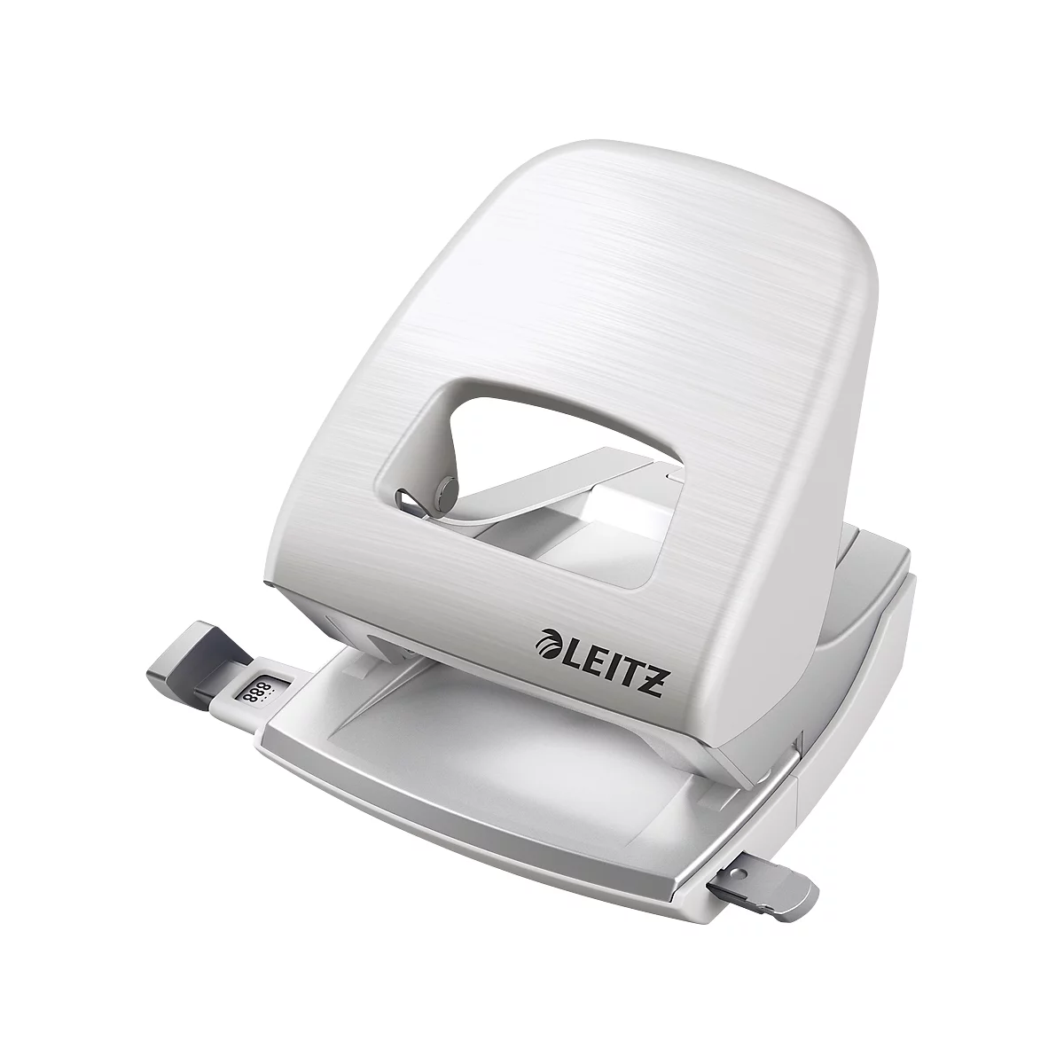 White Leitz paper punch. Anthracite handle and collection tray. The hole number is indicated on the front.