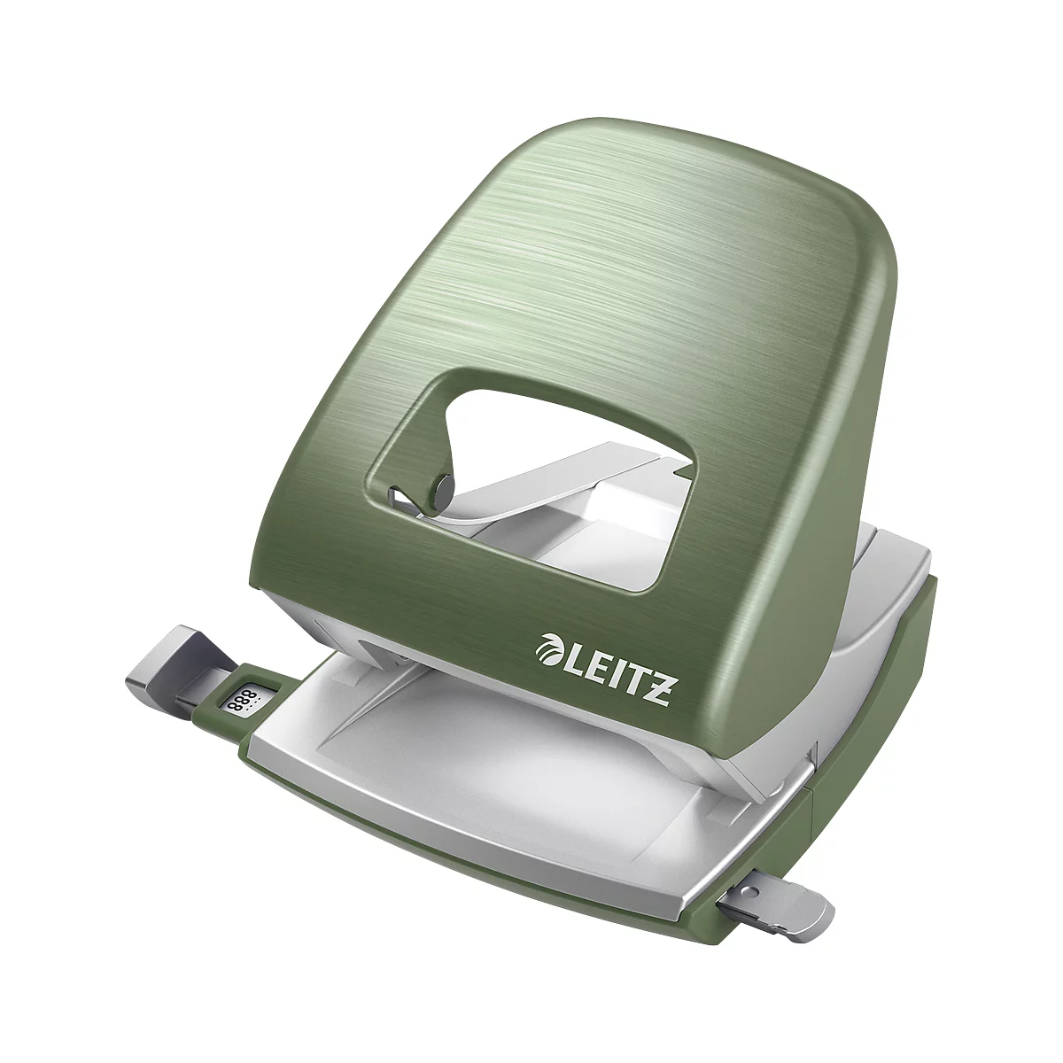 A green hole punch by the brand LEITZ, with silver elements. The device is photographed slightly diagonally from above.