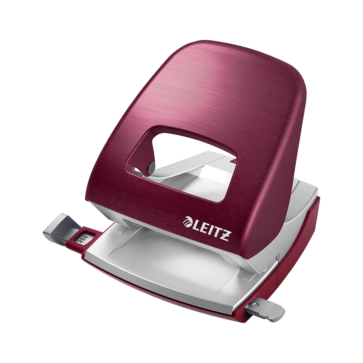 Burgundy hole puncher, silver elements. Imprint: Leitz. Clamping device, hole display.
