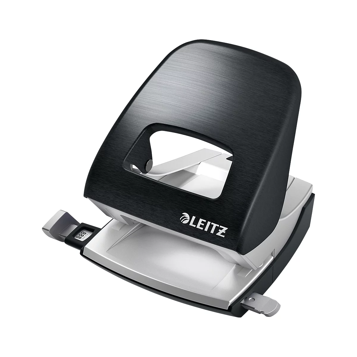 Black Leitz hole punch. The punch has a silver base and a black handle.