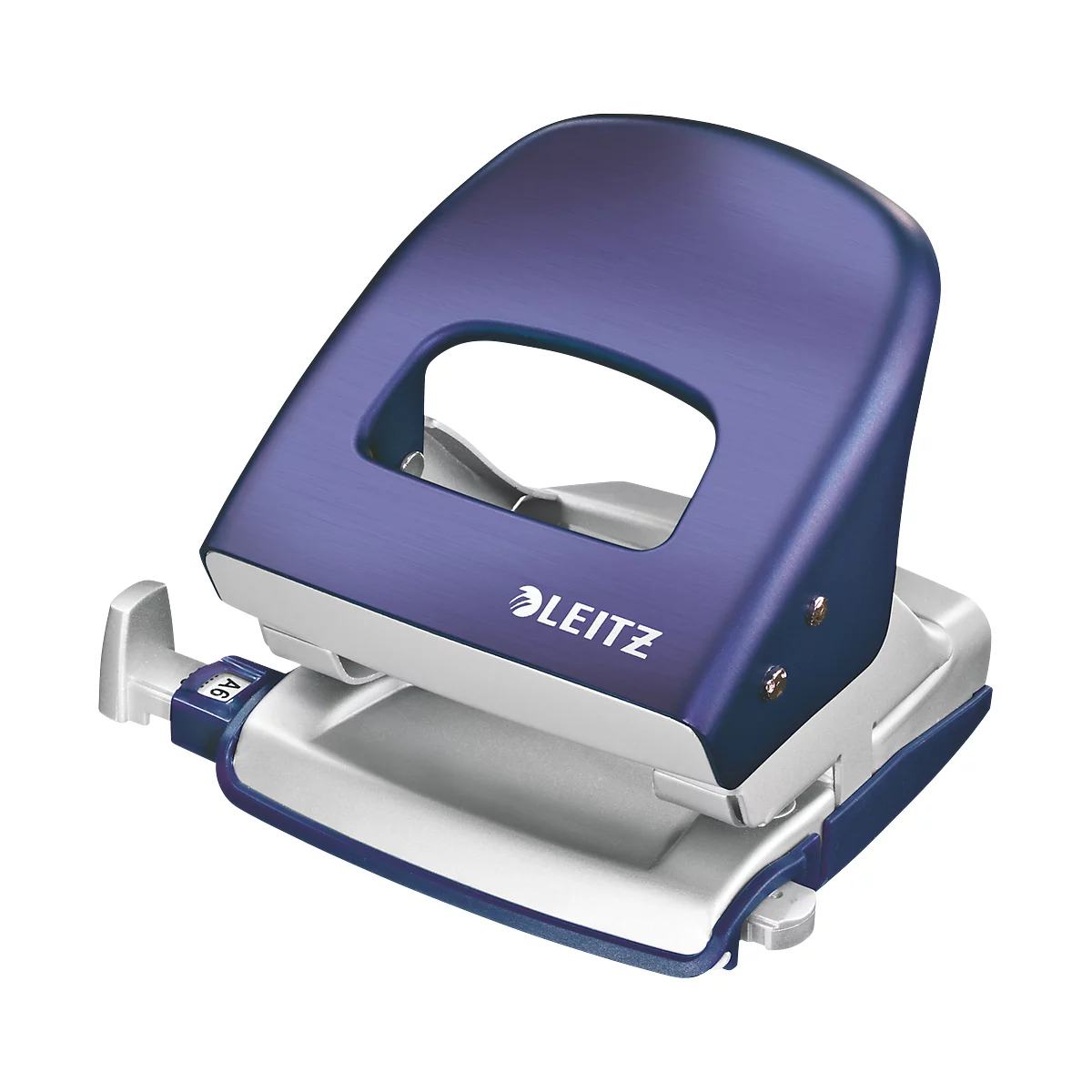 A blue and white hole punch with the Leitz logo. The A6 format is set.