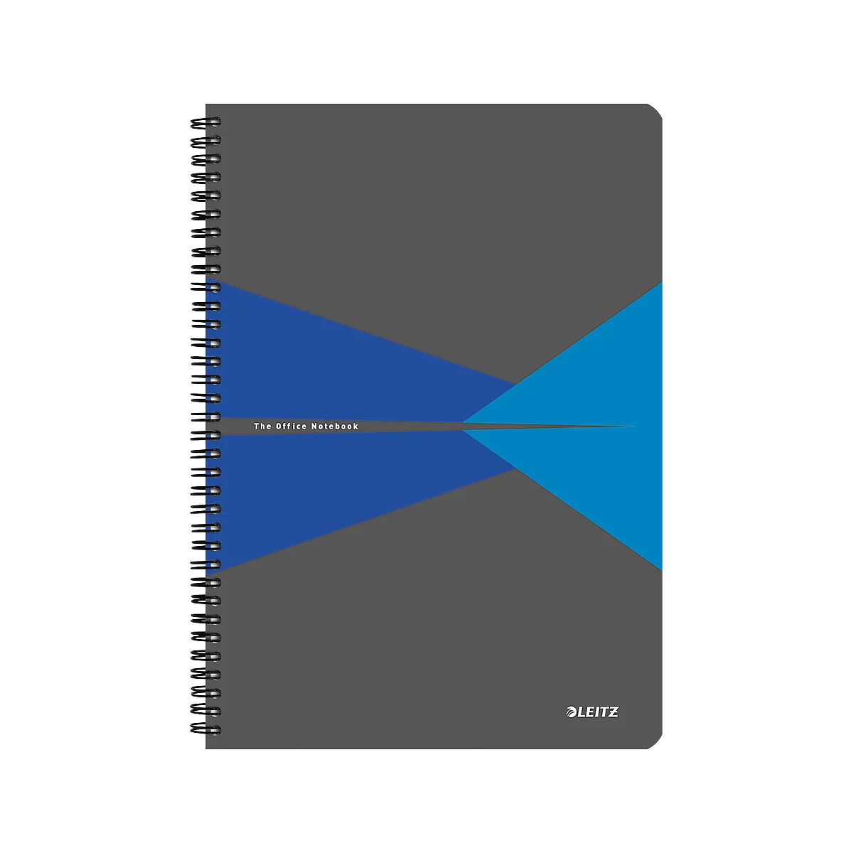 Gray notebook with blue geometric design and spiral binding. The text 'The Office Notebook' and the LEITZ logo are visible.