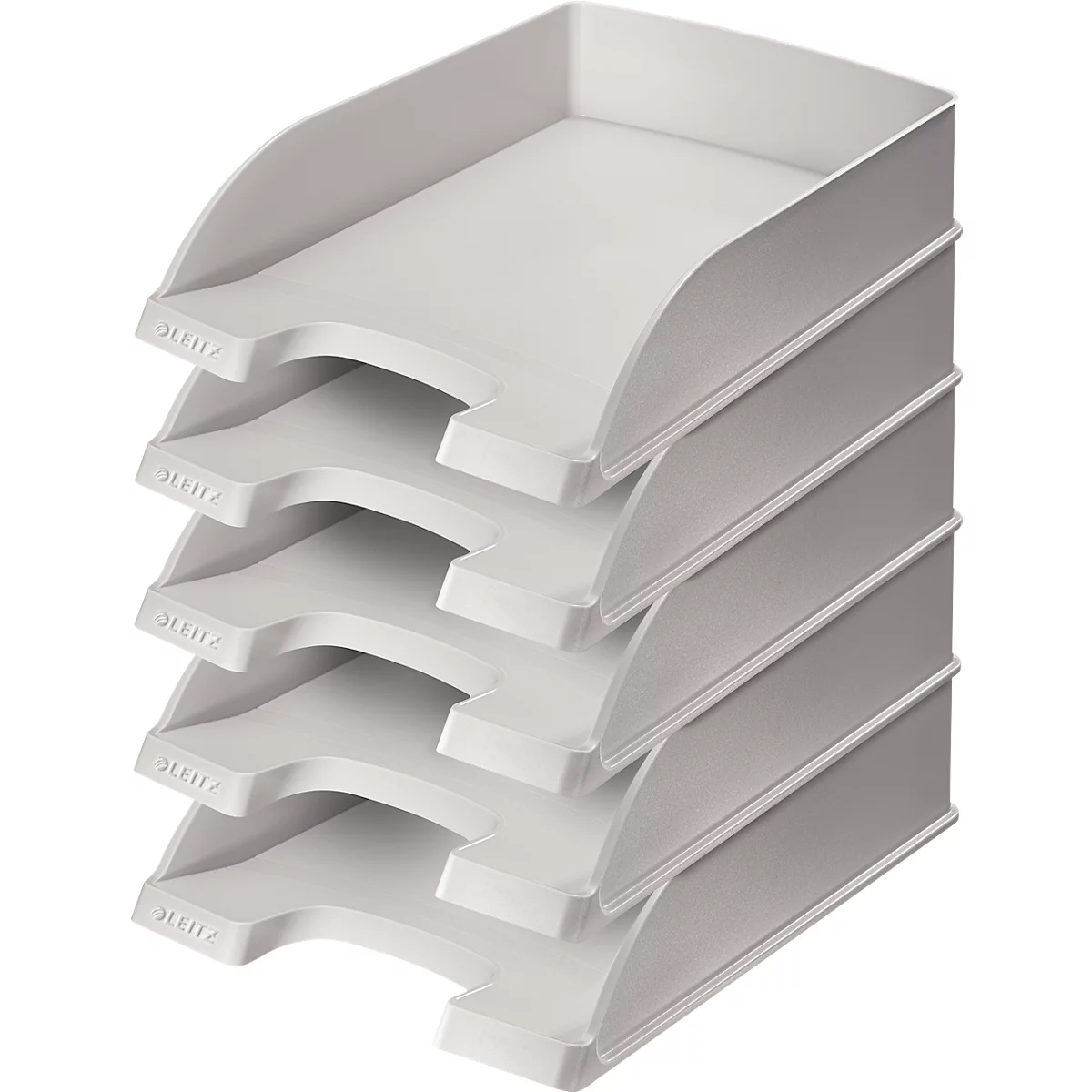 Grijze bureaubladen, op elkaar gestapeld. Op elke lade staat "LEITZ".