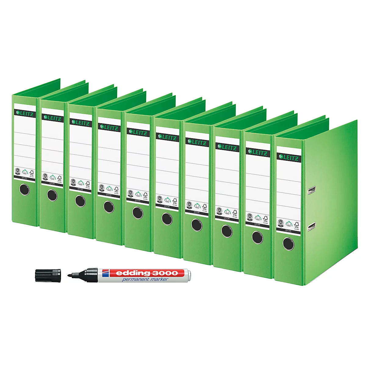 LEITZ® ordner 1007, A4, 80 mm, 10 stuks, groen + GRATIS Edding permanent marker 3000