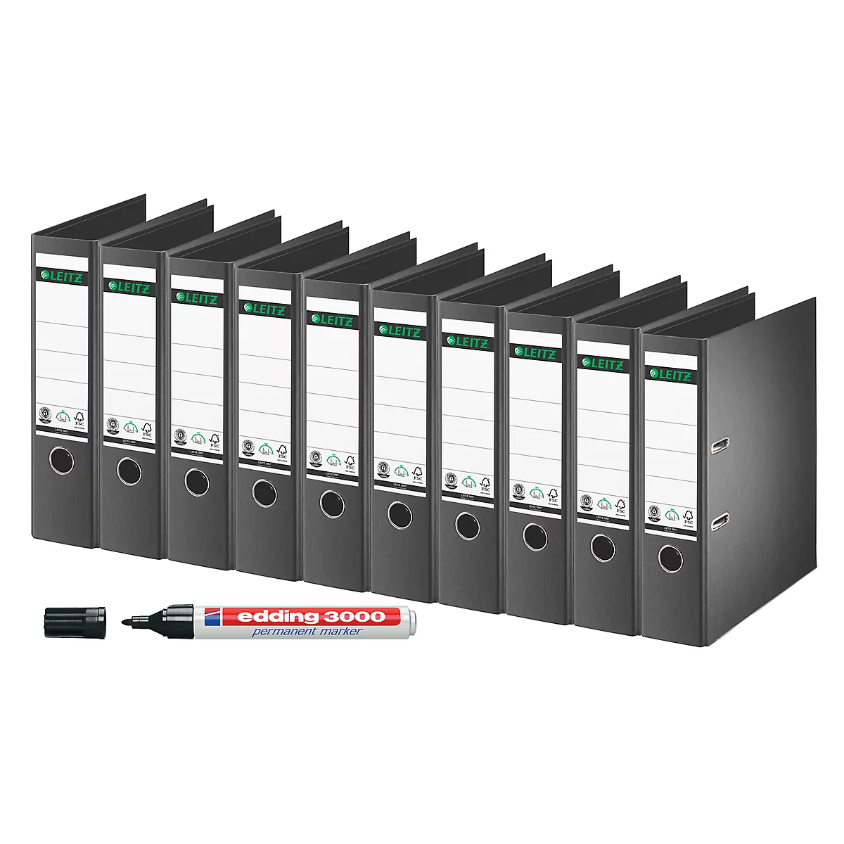 LEITZ® ordner 1007, A4, 80 mm, 10 stuks, zwart + GRATIS Edding permanent marker 3000
