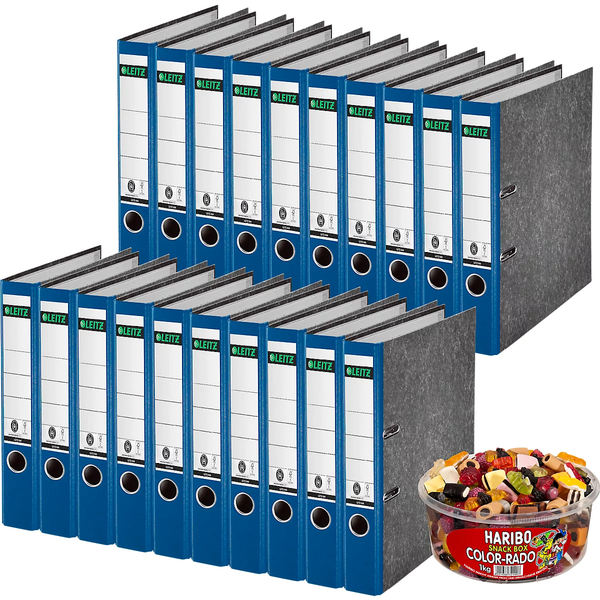 LEITZ® Ordner 1050 + 750 g HARIBO Color-Rado Party-Box, DIN A4, Rückenbreite 52 mm, 20 Stück, blau