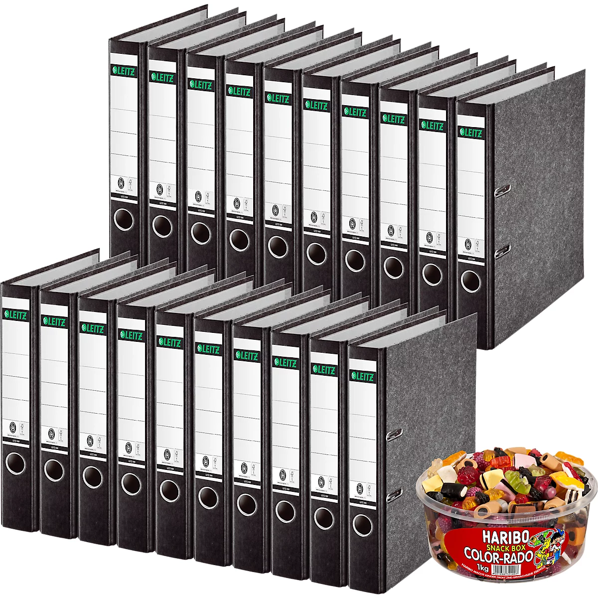 LEITZ® Ordner 1050 + 750 g HARIBO Color-Rado Party-Box, DIN A4, Rückenbreite 52 mm, 20 Stück, schwarz