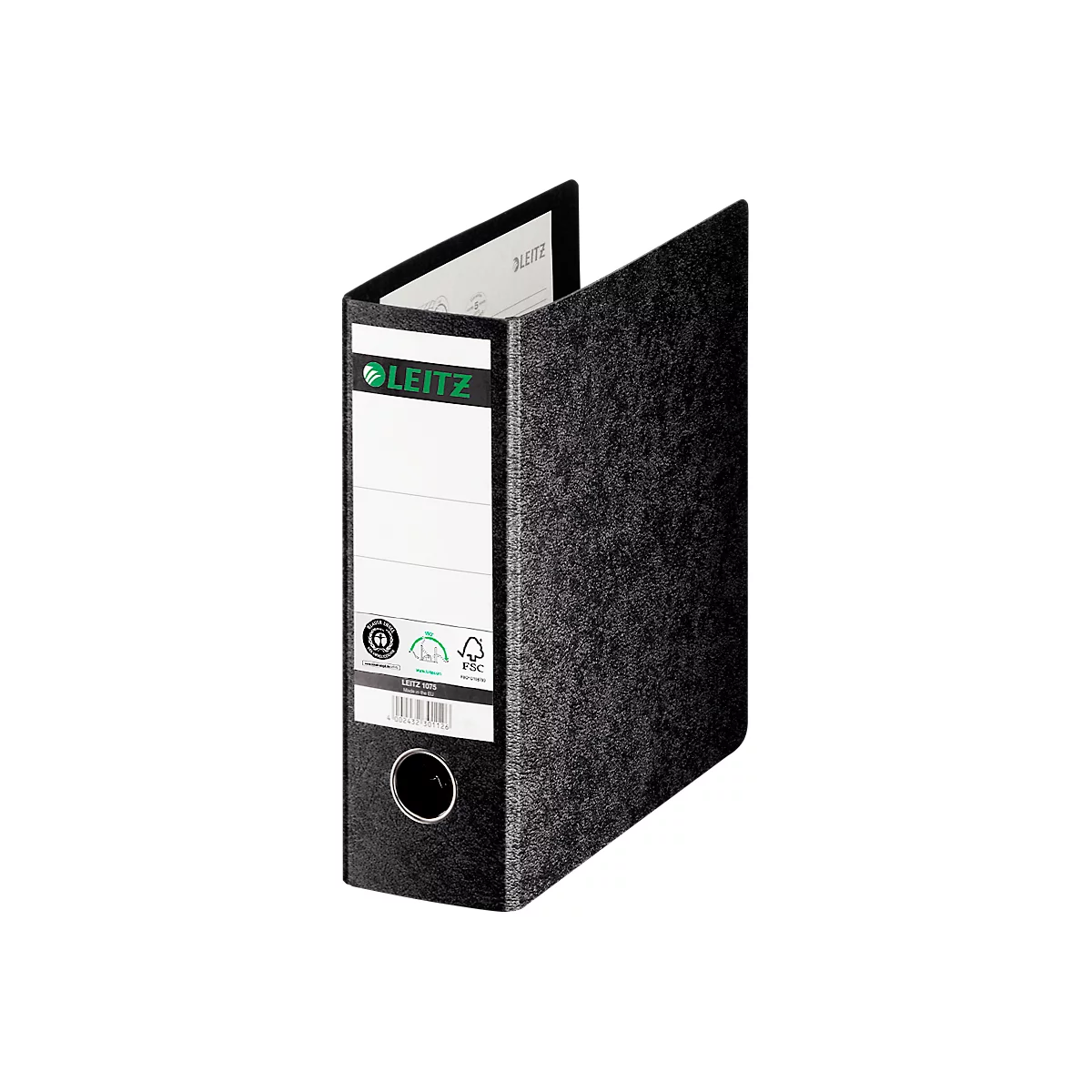 Schwarzer Leitz Ordner mit weißem Etikett und Firmenlogo. Lochung und FSC-Siegel.