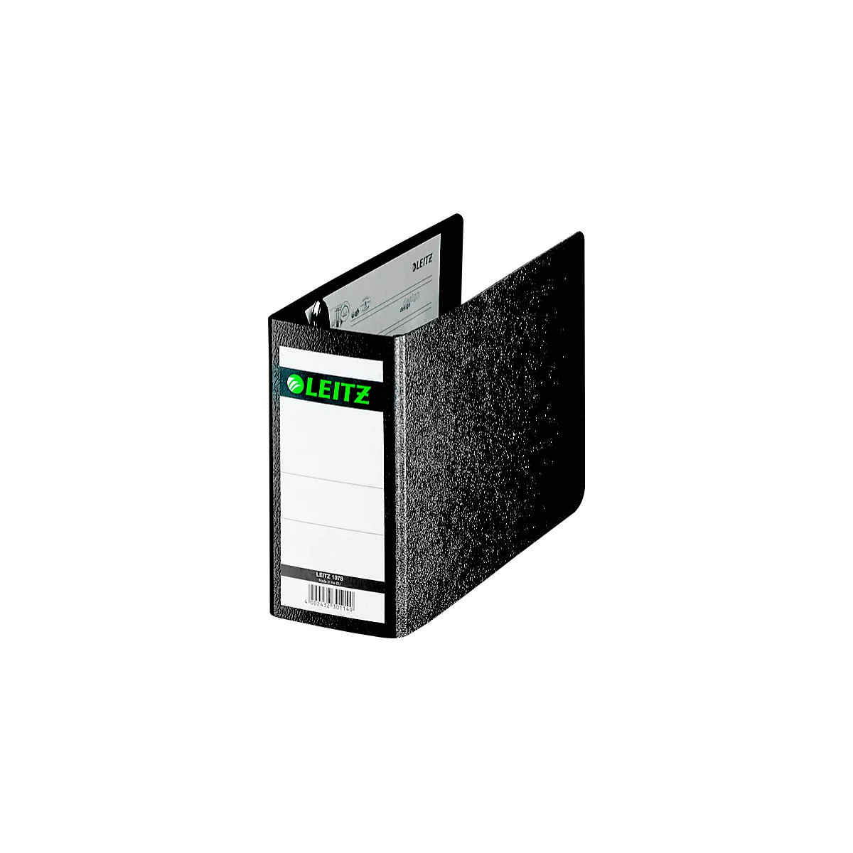 Schwarzer Leitz-Ordner, geöffnet. Auf dem Etikett steht "LEITZ".
