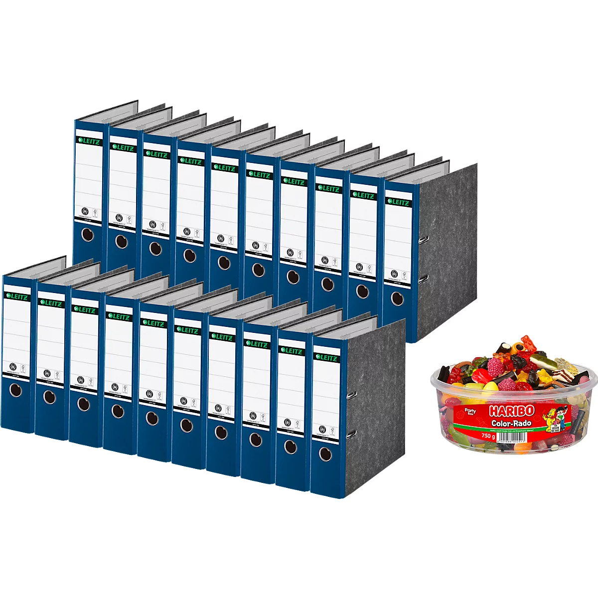LEITZ® Ordner 1080 + 750 g HARIBO Color-Rado Party-Box, DIN A4, Rückenbreite 80 mm, 20 Stück, blau