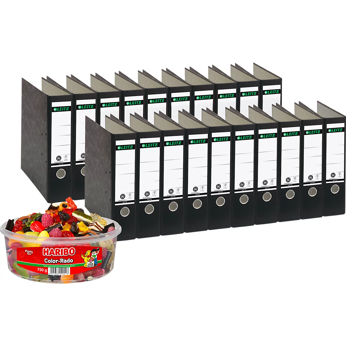 LEITZ® Ordner 1080 + 750 g HARIBO Color-Rado Party-Box, DIN A4, Rückenbreite 80 mm, 20 Stück, schwarz