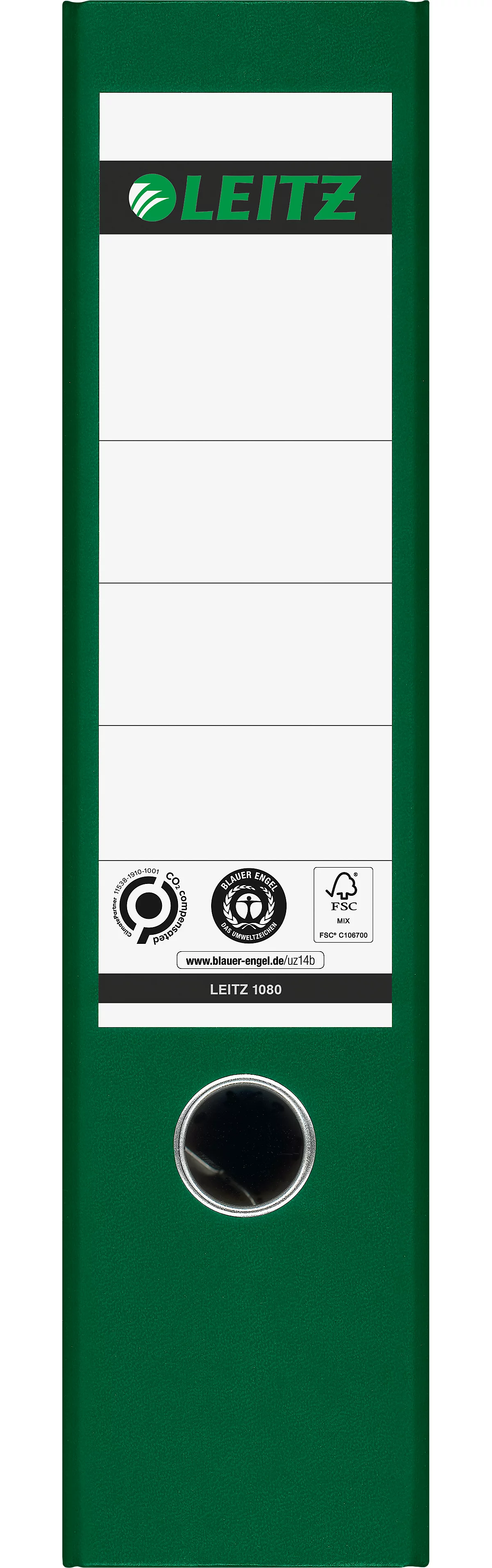 LEITZ® Ordner 1080, DIN A4, Rückenbreite 80 mm, Griffloch, geklebtes Rückenschild, klimaneutral, Hartpappe, 20 Stück, grün