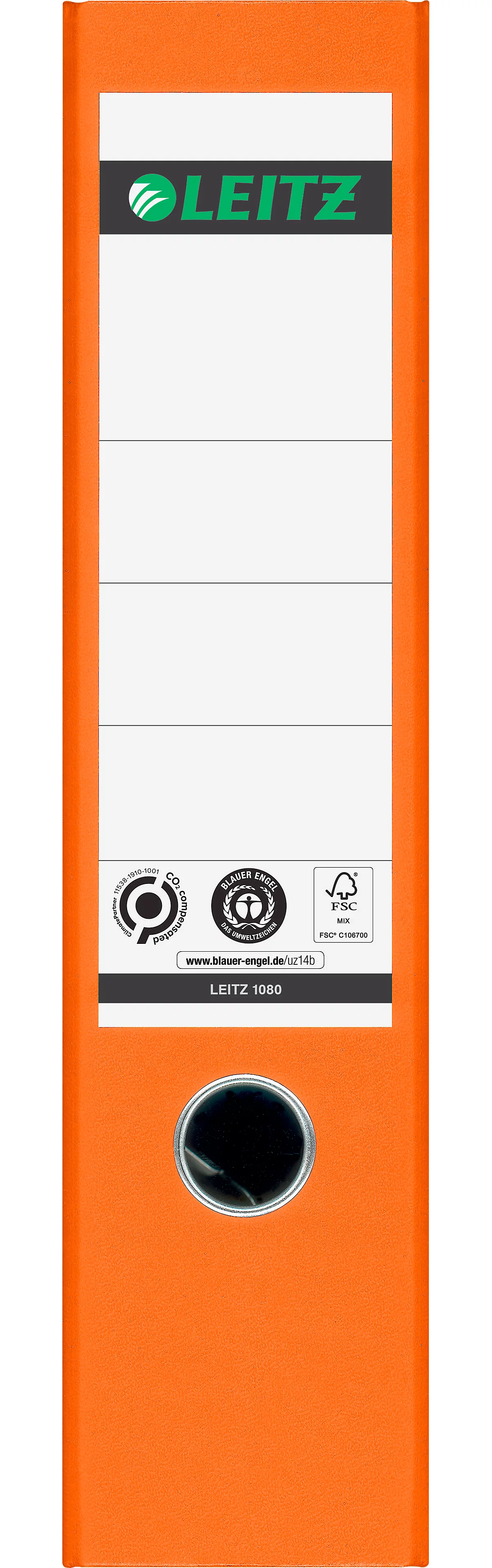 LEITZ® Ordner 1080, DIN A4, Rückenbreite 80 mm, Griffloch, geklebtes Rückenschild, klimaneutral, Hartpappe, 20 Stück, orange