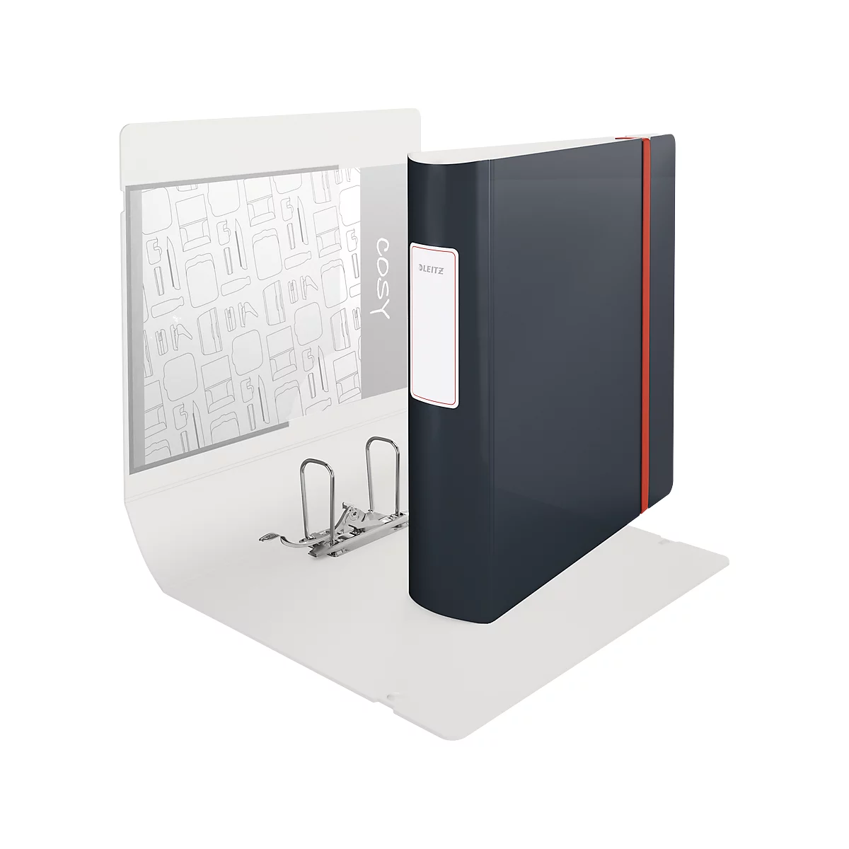 Leitz® ordner 180° Active Cosy, A4, rugbreedte 82 mm, 180° hefboommechanisme, gelijmd rugetiket &amp; elastiek, grijs