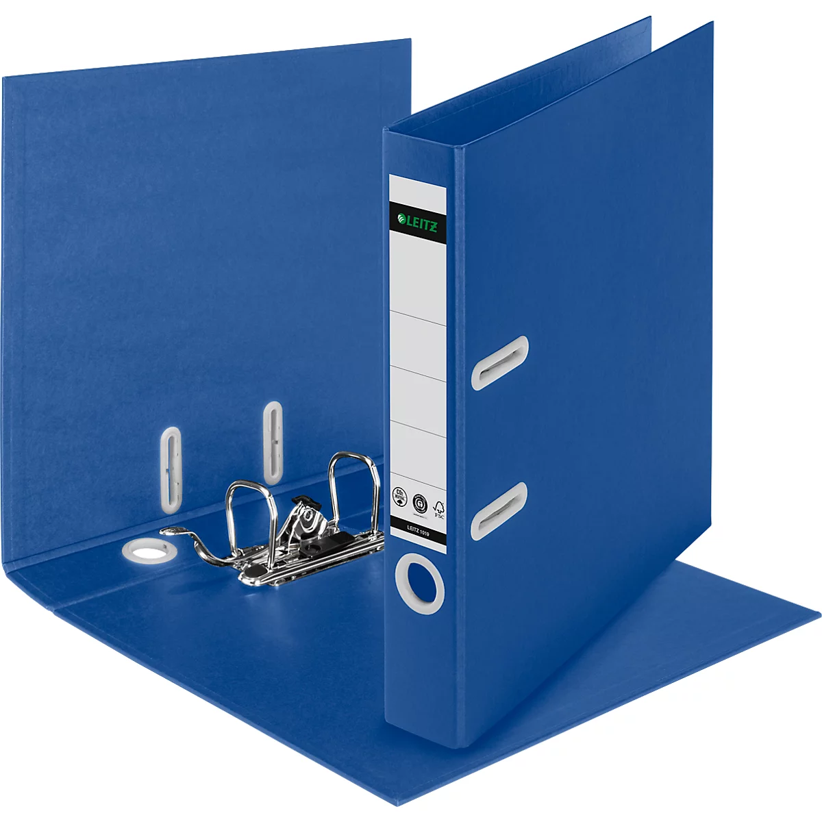 Blauer Ordner, geöffnet, mit silberner Mechanik, weißem Rückenschild und Leitz-Logo.
