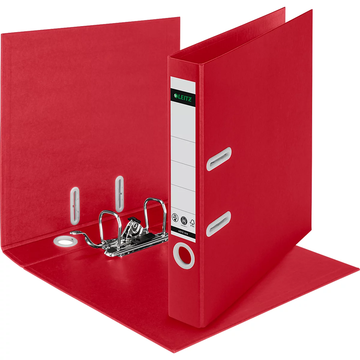 Roter Aktenordner, offen, mit metallenem Ringmechanismus und weißem Rücken.