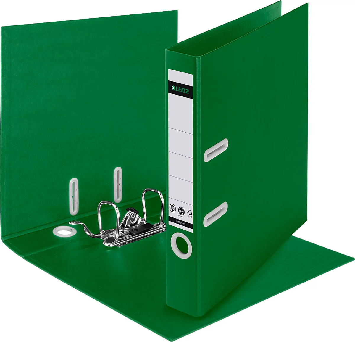 LEITZ® Ordner Recycle, A4, Rückenbreite 50 mm, 180°-Hebelmechanik, Rückenschild & Griffloch, zu 100 % recycelbar, grün