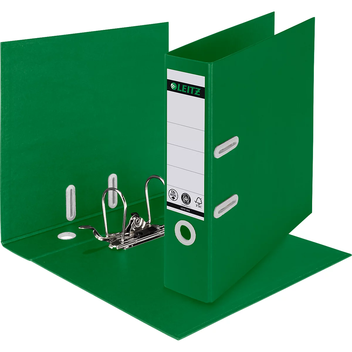 Grüner Leitz-Ordner, geöffnet. Der Ordner hat einen weißen Aufkleber mit dem Leitz-Logo. Die Metallmechanik ist sichtbar.