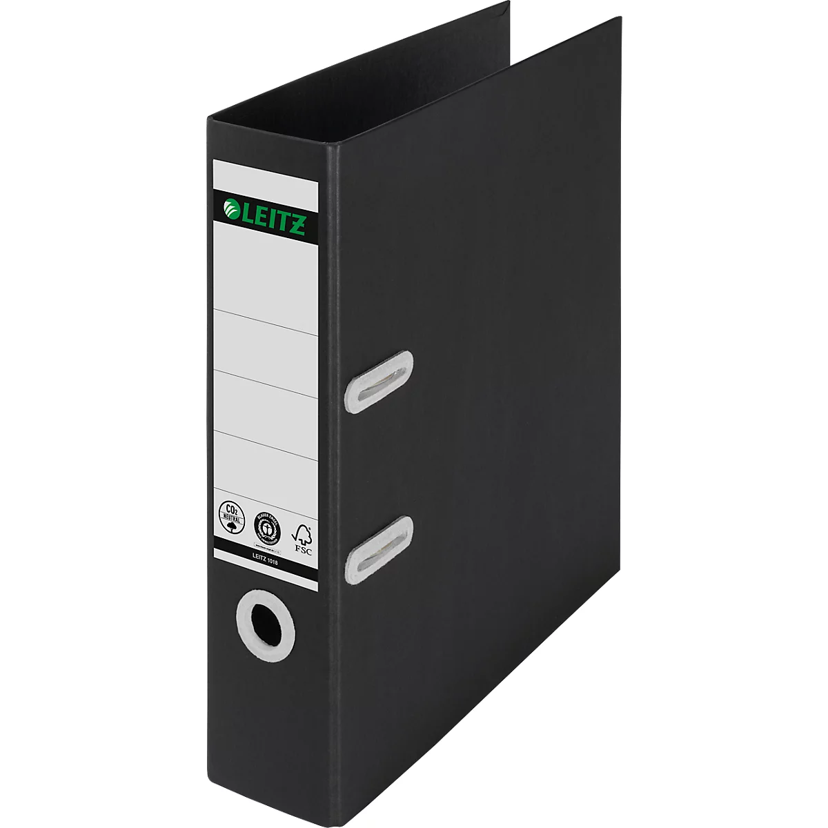 Schwarzer Leitz Ordner, offen, mit weißem Etikett und Logo.