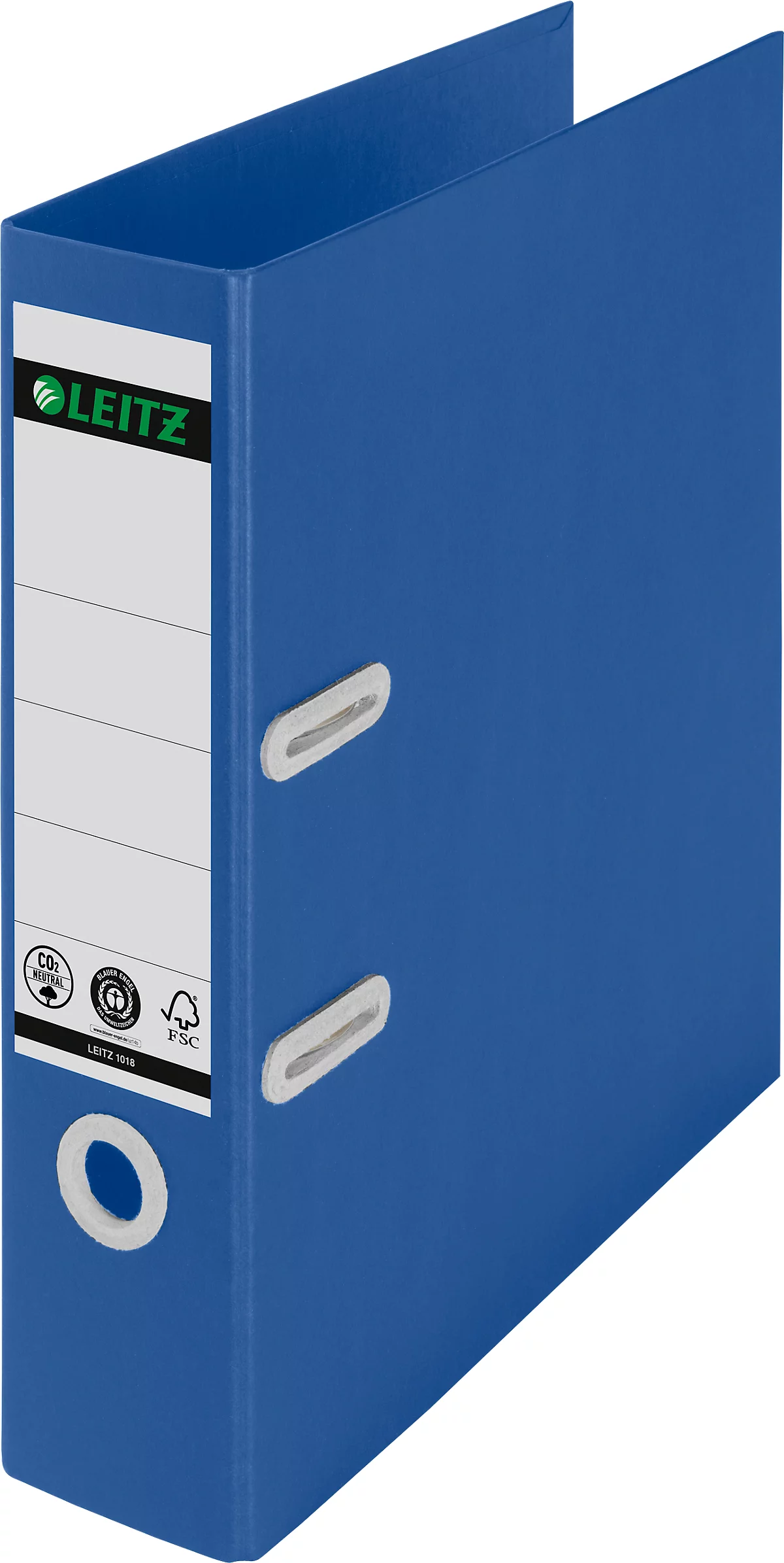 LEITZ® Ordner Recycle, DIN A4, Rückenbreite 80 mm, 180°-Hebelmechanik, Rückenschild & Griffloch, zu 100 % recycelbar, blau