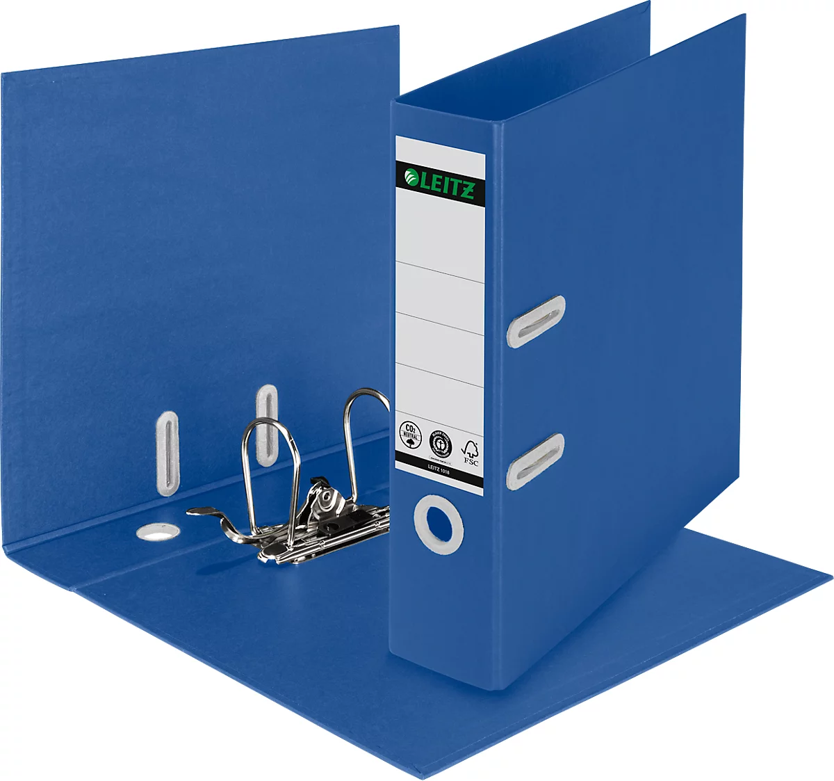 LEITZ® Ordner Recycle, DIN A4, Rückenbreite 80 mm, 180°-Hebelmechanik, Rückenschild & Griffloch, zu 100 % recycelbar, blau