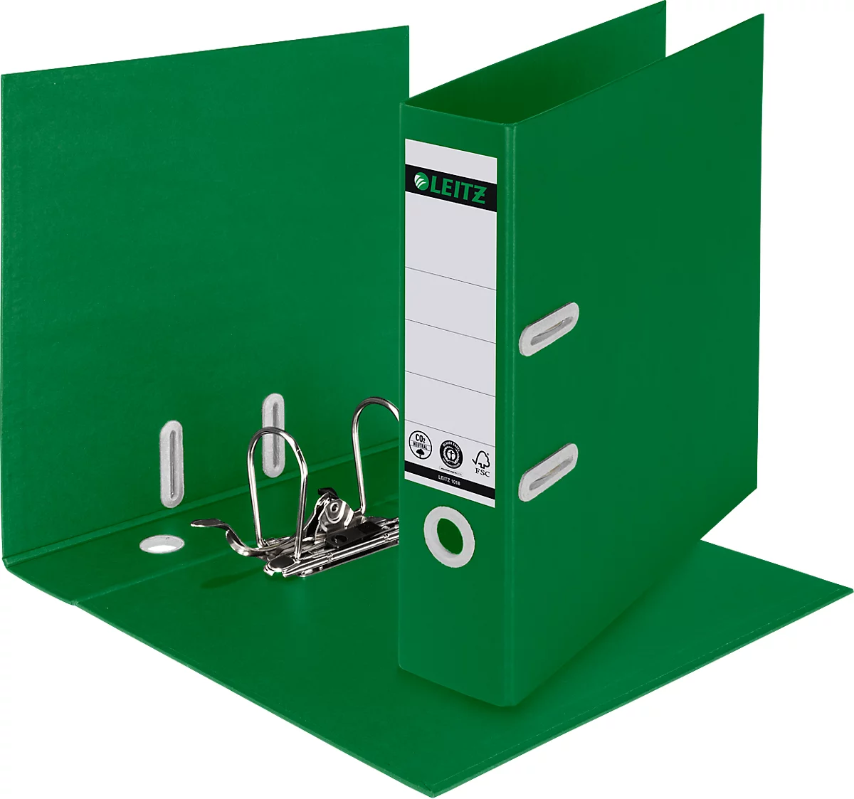 LEITZ® Ordner Recycle, DIN A4, Rückenbreite 80 mm, 180°-Hebelmechanik, Rückenschild & Griffloch, zu 100 % recycelbar, grün