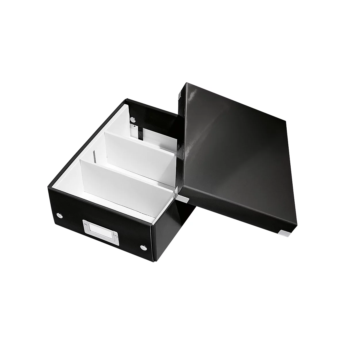 Black archive box with lid, white interior, with dividers.