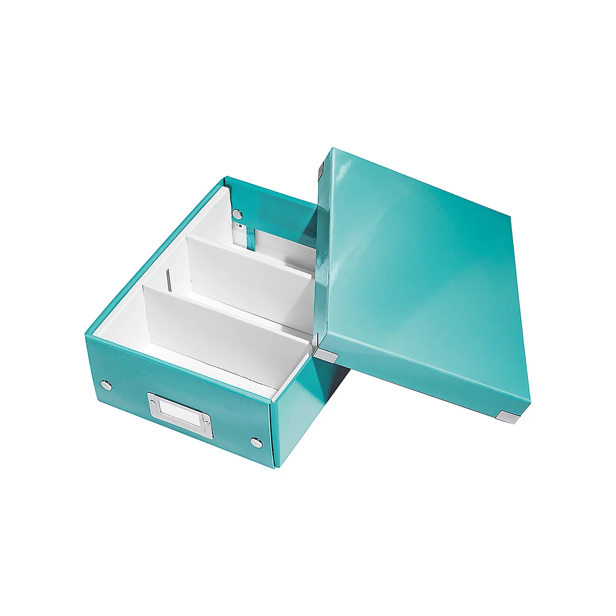 Turquoise storage box with lid; internal division with white compartments.