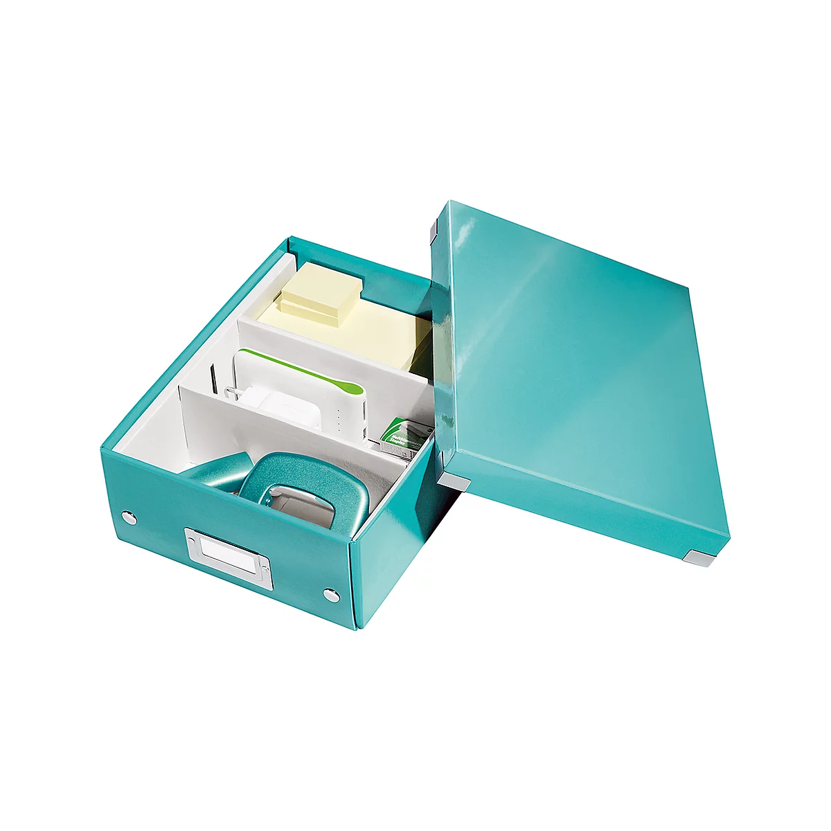 Teal office organizer with office supplies like notes and a hole punch.