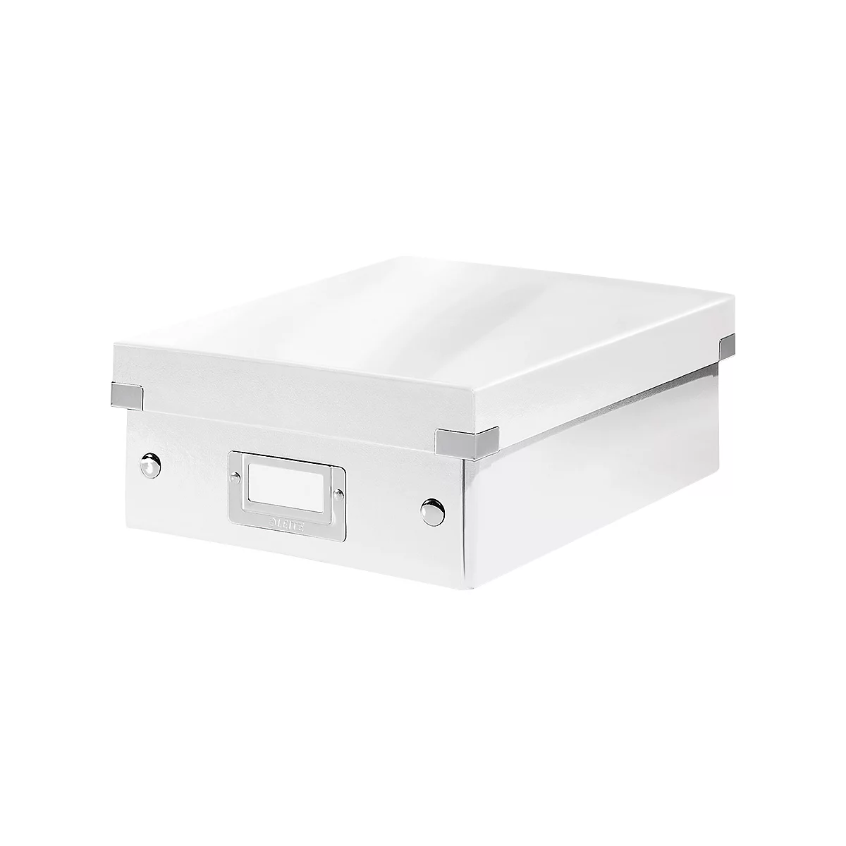 White box with lid and name tag. Corner joints and fittings are silver.