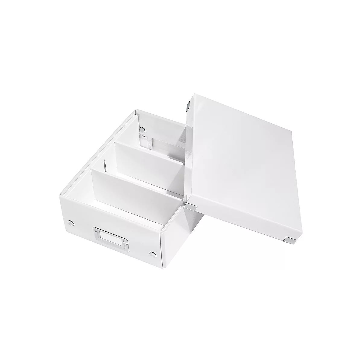 White storage box with open lid. The box is divided into three compartments and has a label holder.