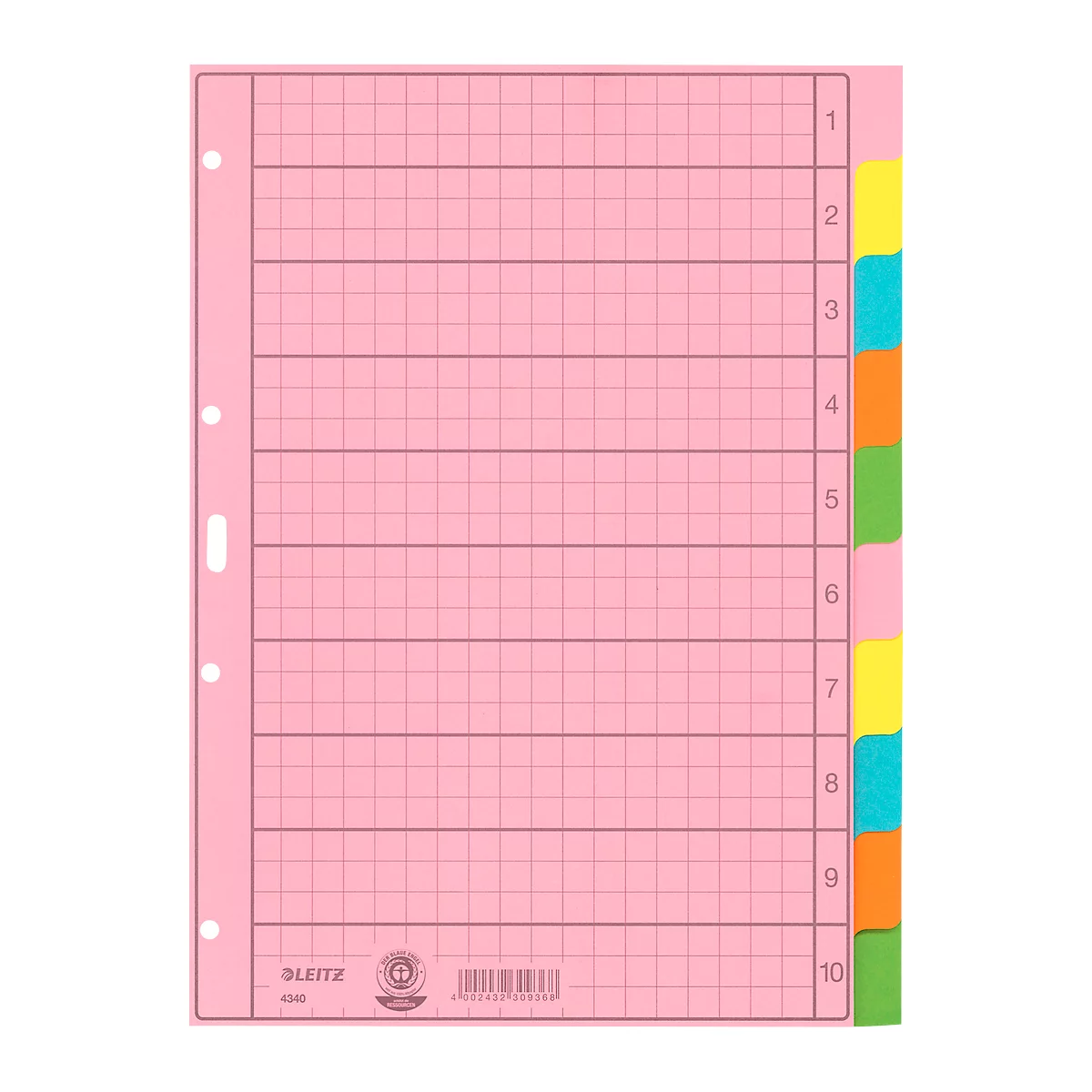 Pink grid sheet protector with colored tabs. Printed logos and numbers.