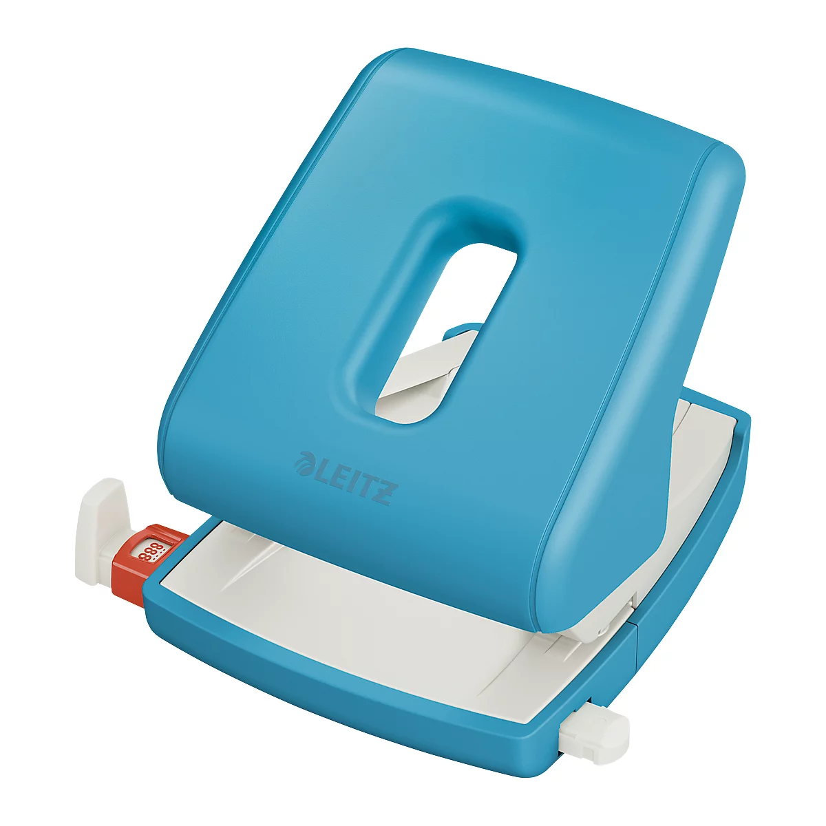 Light blue hole punch with white paper, Leitz lettering. Red adjuster.