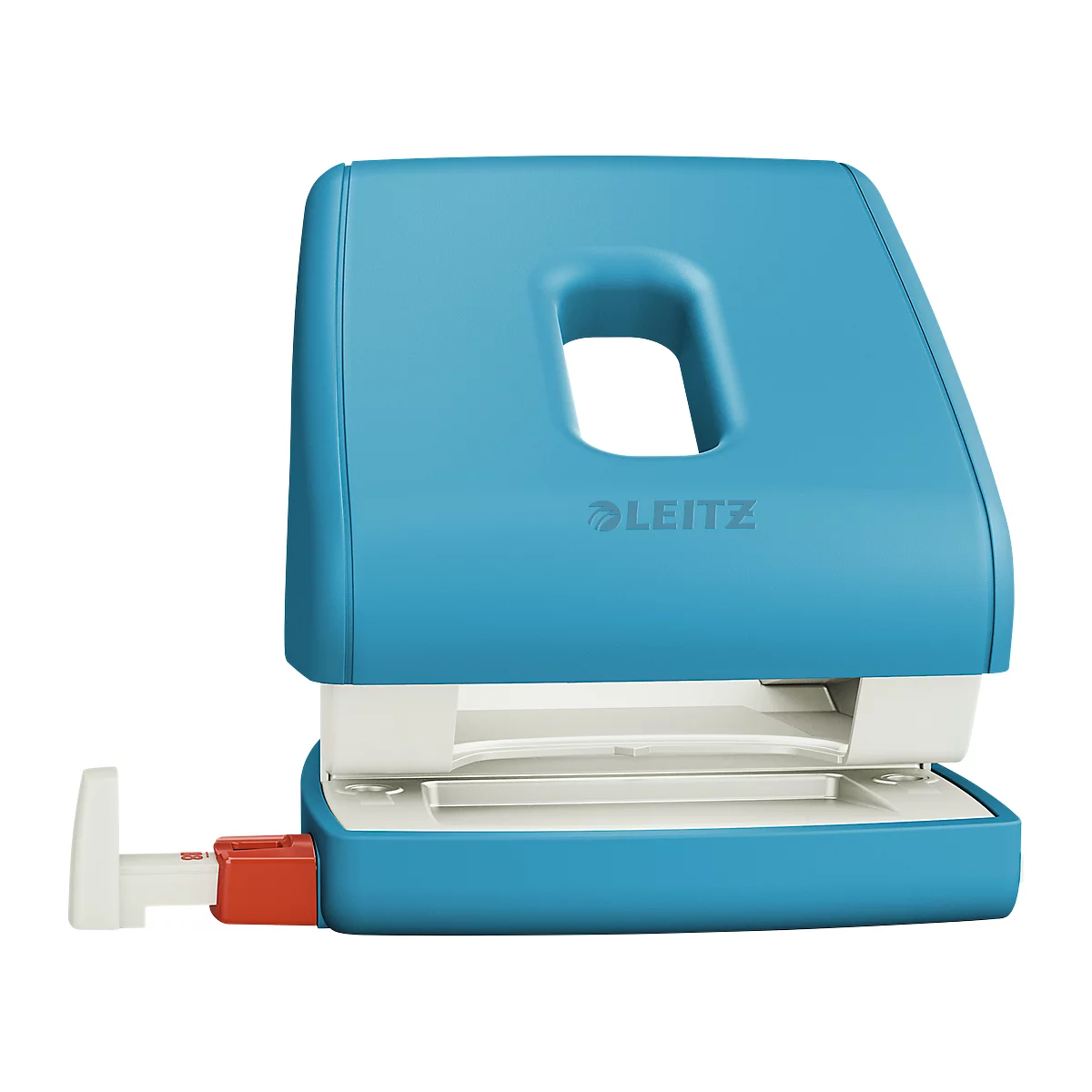 Blue and white hole punch with red lever and logo.