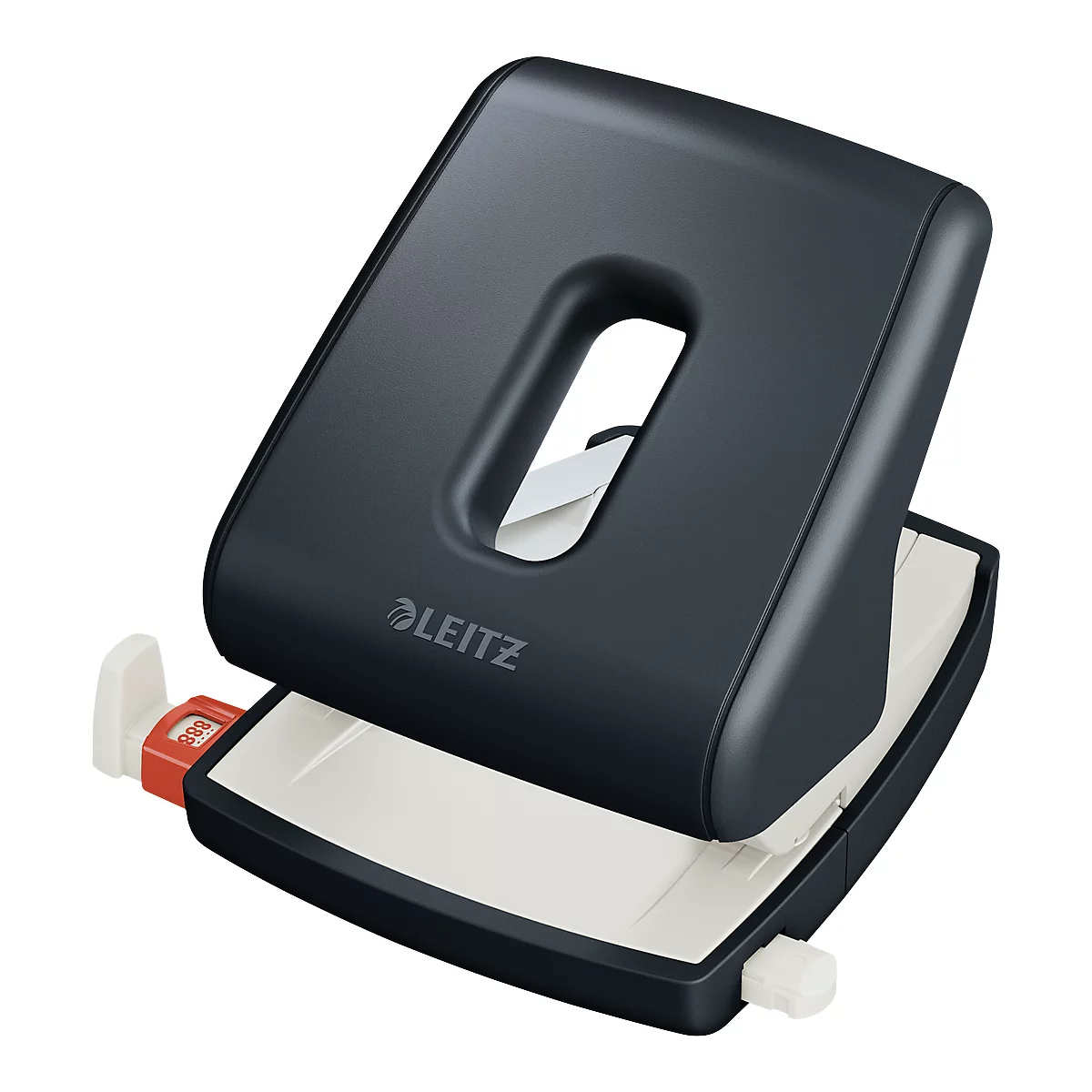 Black Leitz hole punch. The hole punch is open, the hole base is light gray.