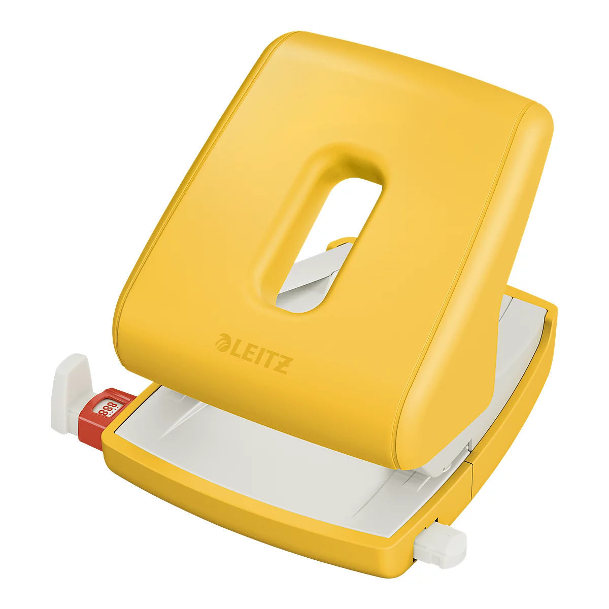 Yellow Leitz hole punch. Rectangular shape with oval hole. White lever and paper holder.