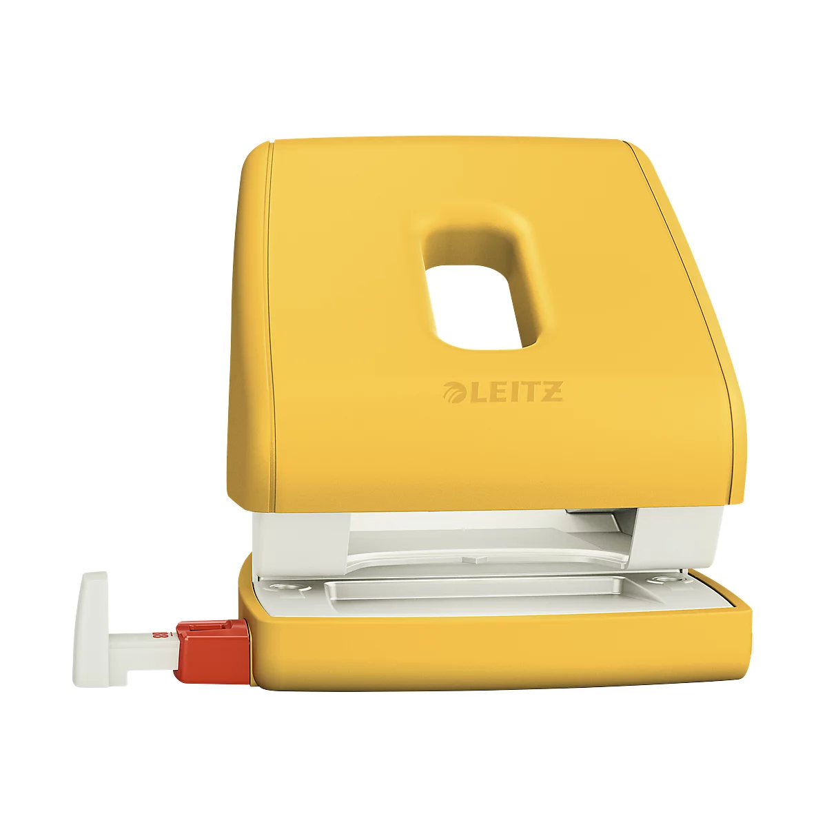 Yellow hole punch with white and red accents, LEITZ logo.