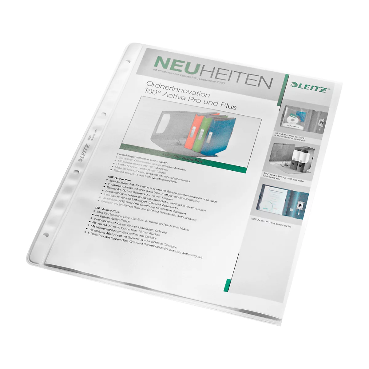 Information sheet in a clear pocket with product image and information on Leitz products.