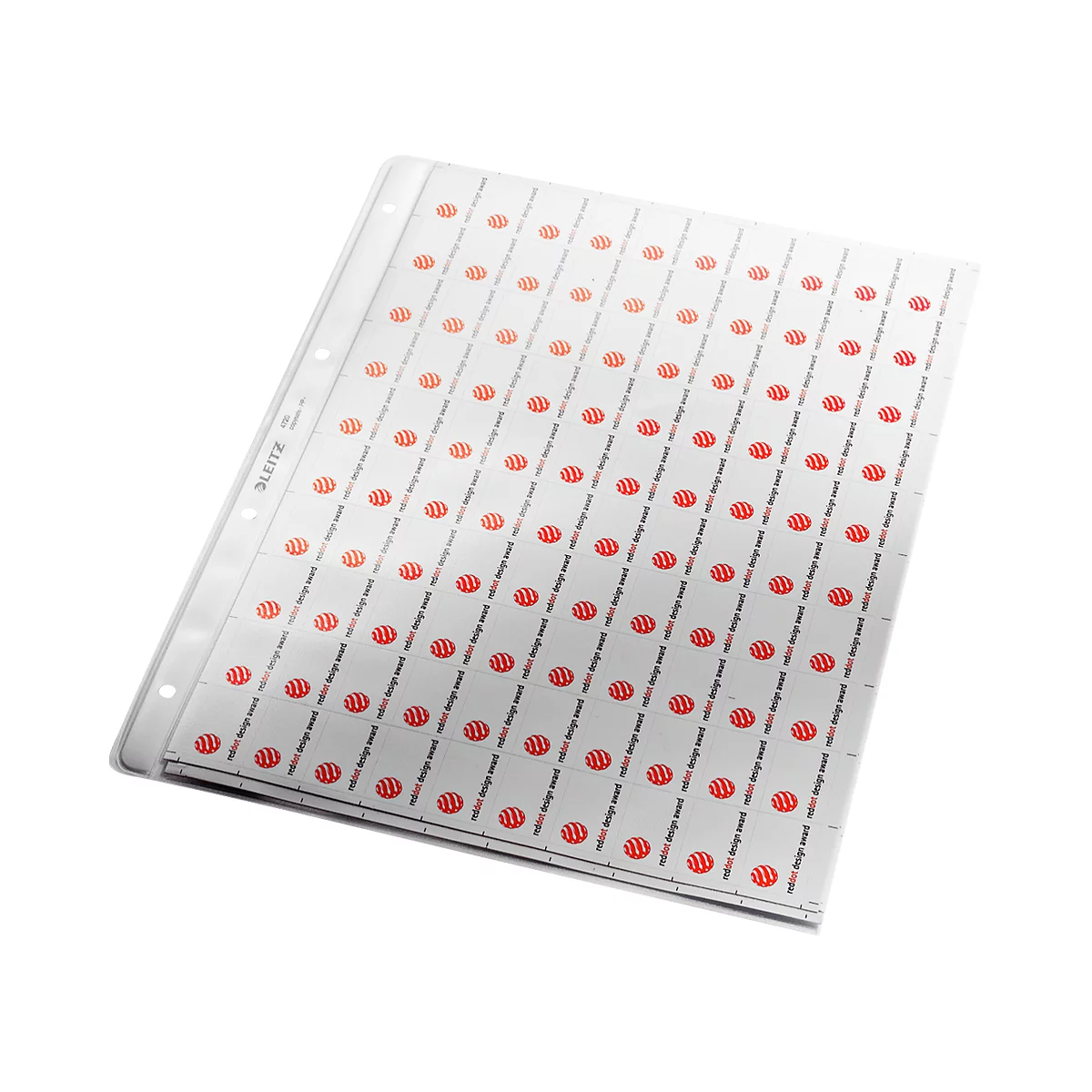 A sheet with stickers printed with red, circular logos. The stickers are in a hole foil.
