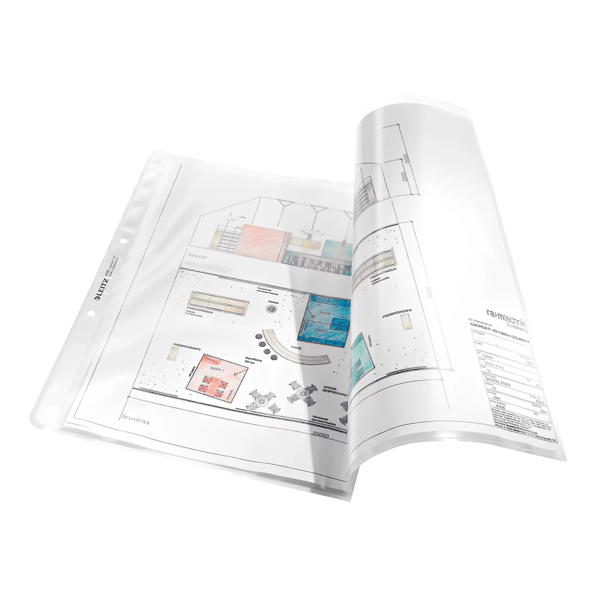 A transparent sheet protector with a blueprint, one side is being opened.
